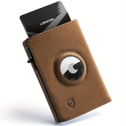 LORZOR Leather AirTag Wallet – Minimalist Handcrafted RFID Slim Trifold Wallet for Men, Apple AirTag Holder