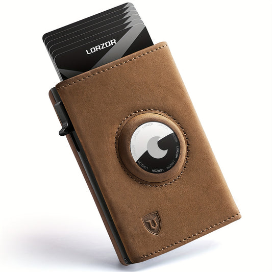 LORZOR Leather AirTag Wallet – Minimalist Handcrafted RFID Slim Trifold Wallet for Men, Apple AirTag Holder