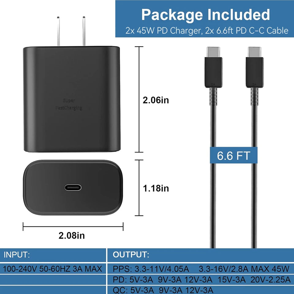 45W Super Fast USB-C Charger with Cable | For Samsung Galaxy S25/S24/S23/S22 Ultra, Note 20