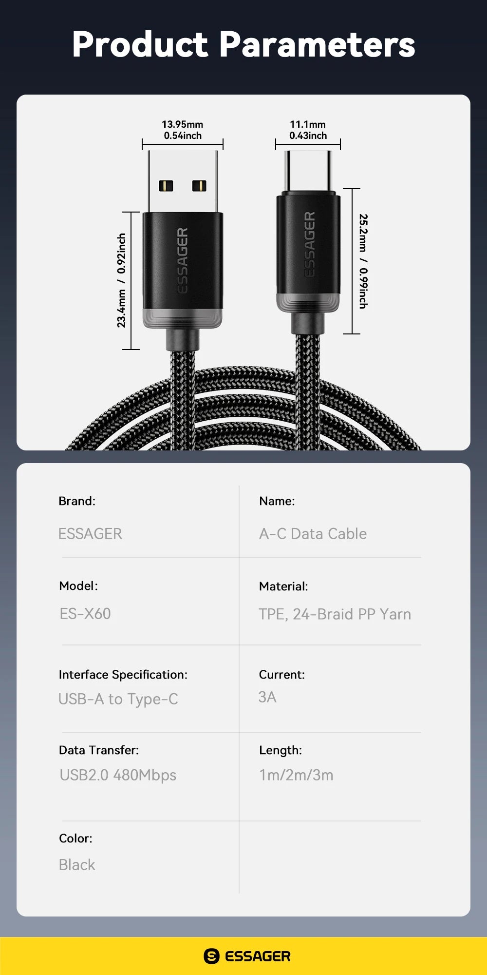 Essager 3A USB-C Fast Charging Cable for iPhone 15, Huawei, Xiaomi, Samsung