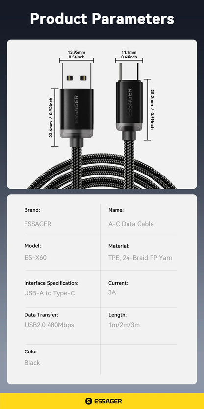 Essager 3A USB-C Fast Charging Cable for iPhone 15, Huawei, Xiaomi, Samsung