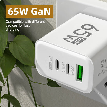 65W PD USB-C GaN Charger – iPhone 15/14, Samsung, Xiaomi, 3-Port Fast Charger