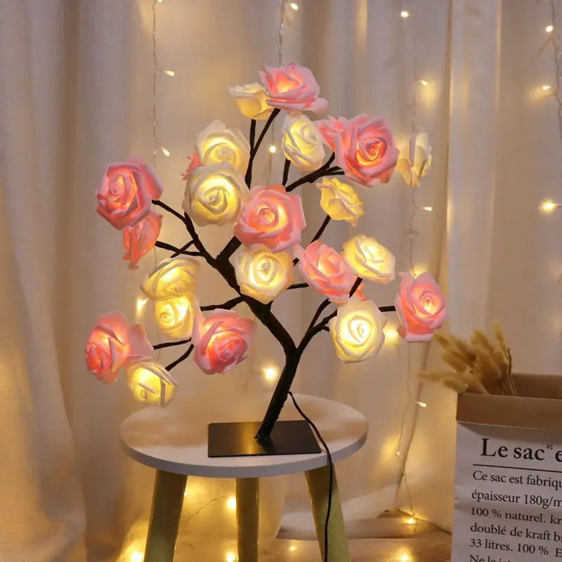 24 LED Rose Tree Night Light – USB Table Lamp for Home, Bedroom, Wedding & Holiday Decor