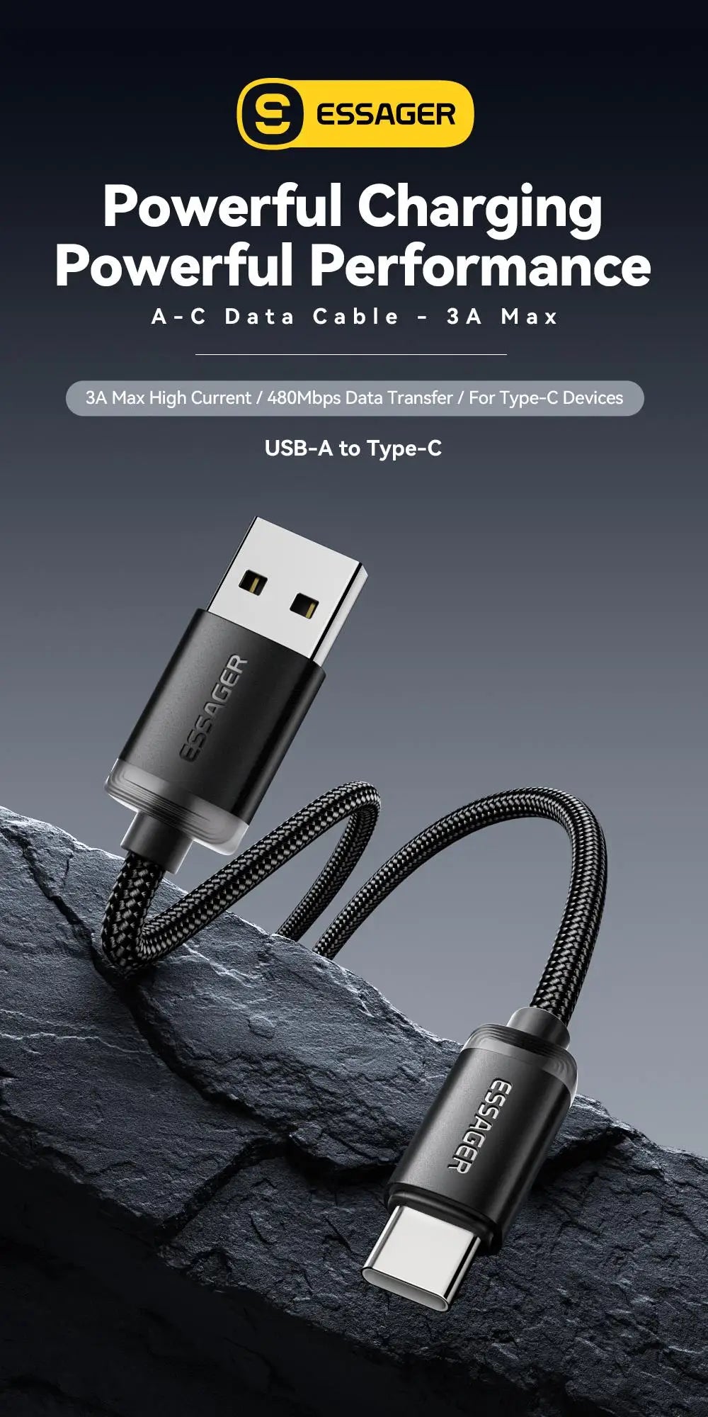 Essager 3A USB-C Fast Charging Cable for iPhone 15, Huawei, Xiaomi, Samsung