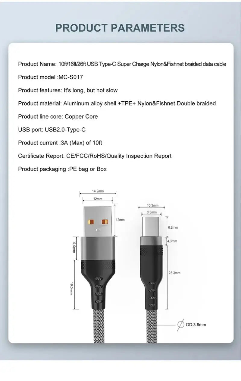6A Nylon USB-C Fast Charging Cable – Samsung, Huawei, Xiaomi (1–8M)