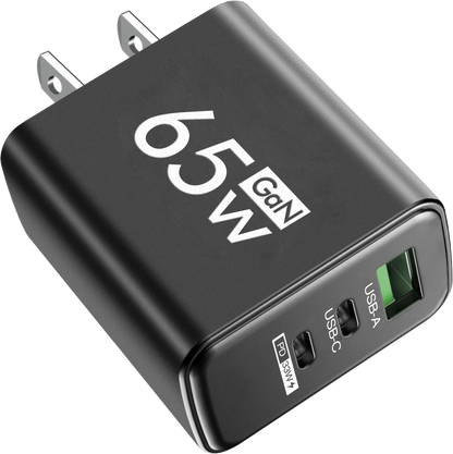 65W PD USB-C GaN Charger – iPhone 15/14, Samsung, Xiaomi, 3-Port Fast Charger