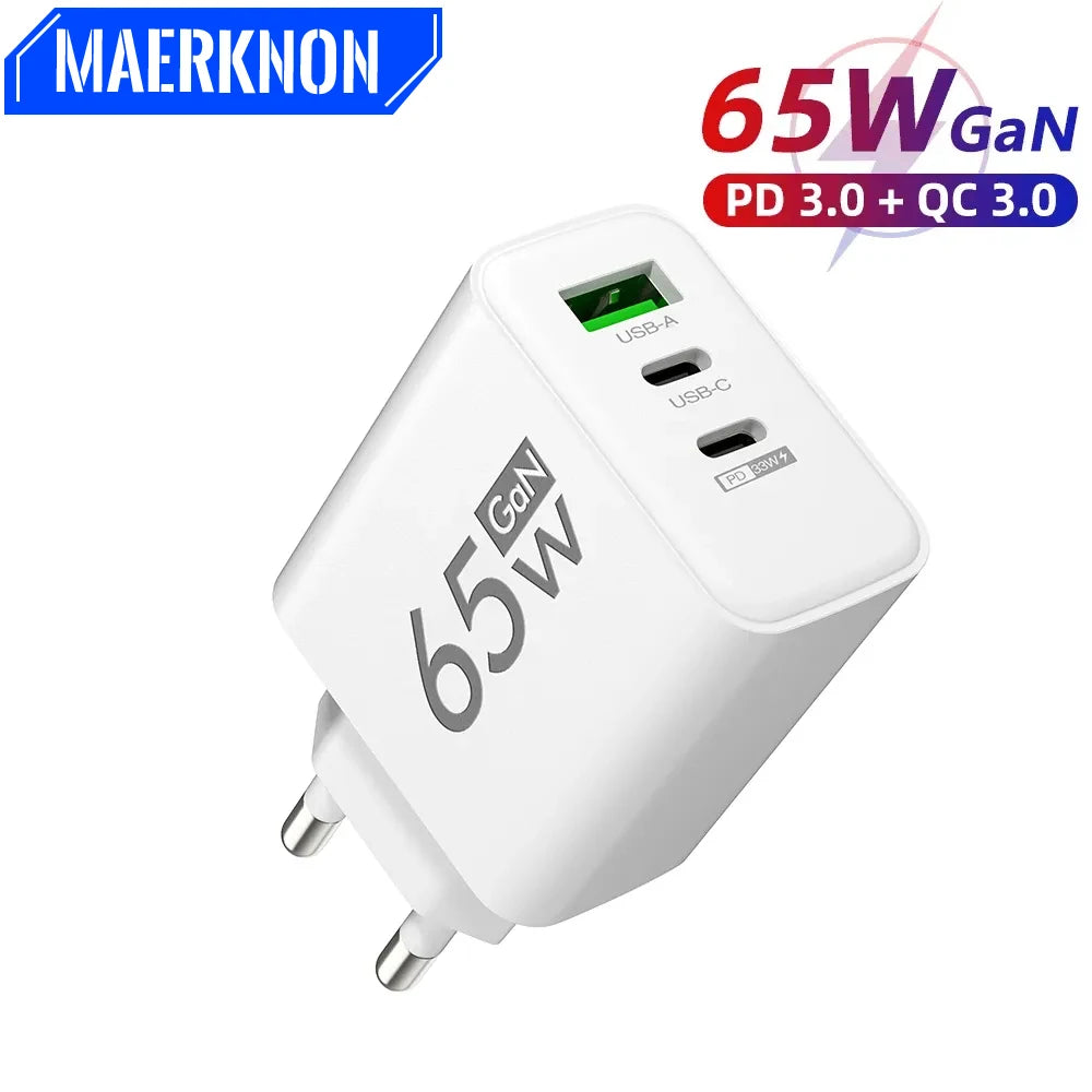 65W PD USB-C GaN Charger – iPhone 15/14, Samsung, Xiaomi, 3-Port Fast Charger