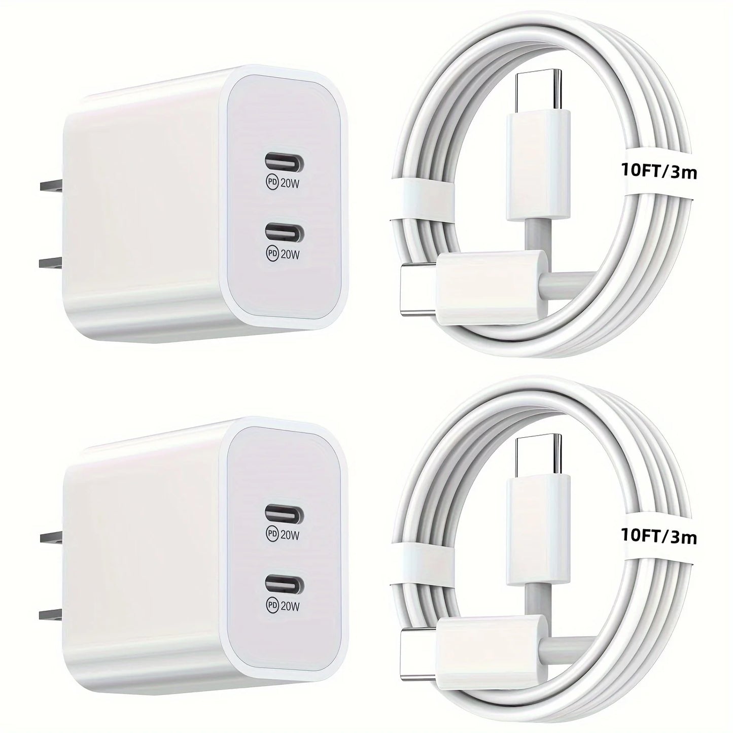 2-Pack 40W PD Dual-Port Charger – iPhone 15 & iPad Pro, 10FT USB-C Cable