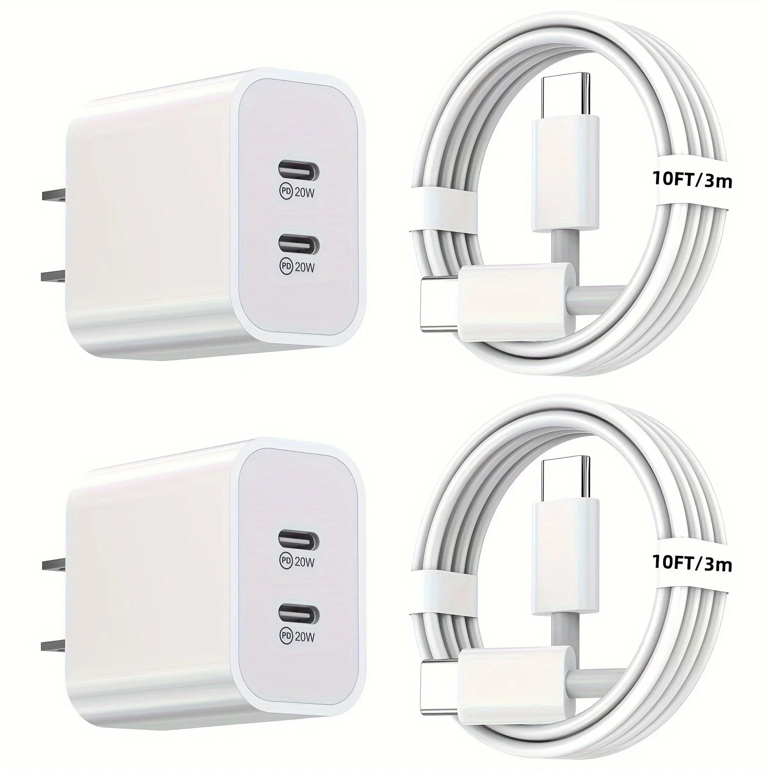 2-Pack 40W PD Dual-Port Charger – iPhone 15 & iPad Pro, 10FT USB-C Cable