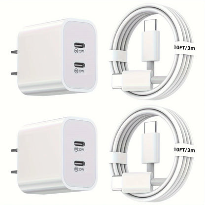 2-Pack 40W PD Dual-Port Charger – iPhone 15 & iPad Pro, 10FT USB-C Cable