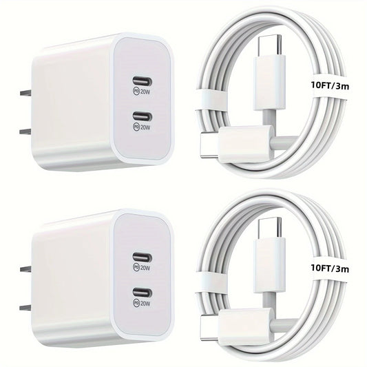2-Pack 40W PD Dual-Port Charger – iPhone 15 & iPad Pro, 10FT USB-C Cable