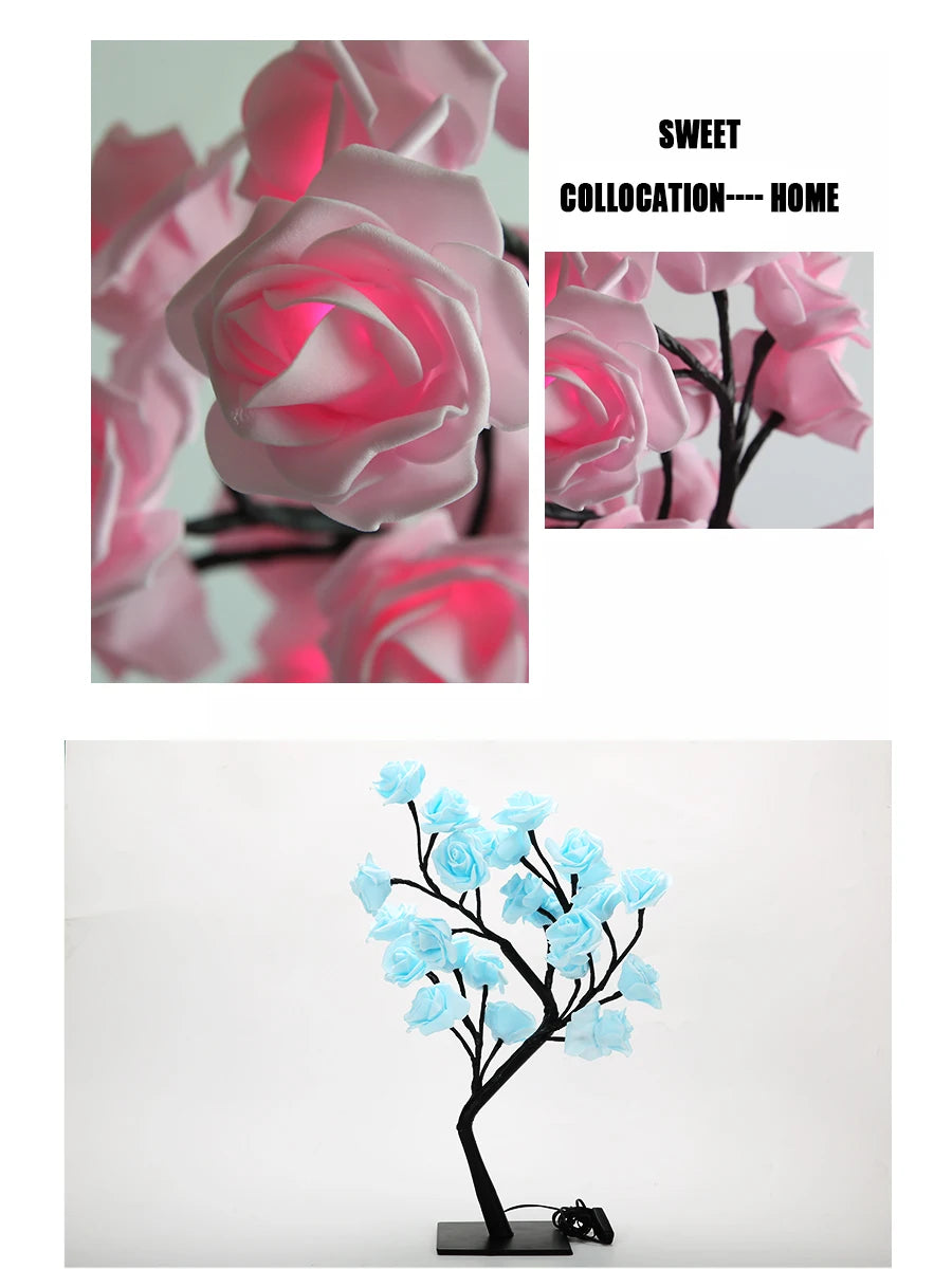 24 LED Rose Tree Night Light – USB Table Lamp for Home, Bedroom, Wedding & Holiday Decor