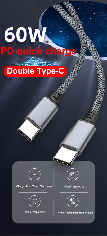 60W USB-C to USB-C Cable – iPhone 15, MacBook, Xiaomi, Samsung