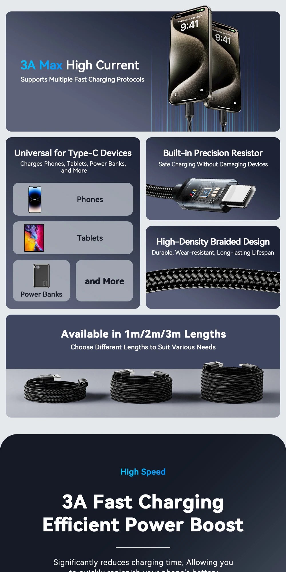 Essager 3A USB-C Fast Charging Cable for iPhone 15, Huawei, Xiaomi, Samsung