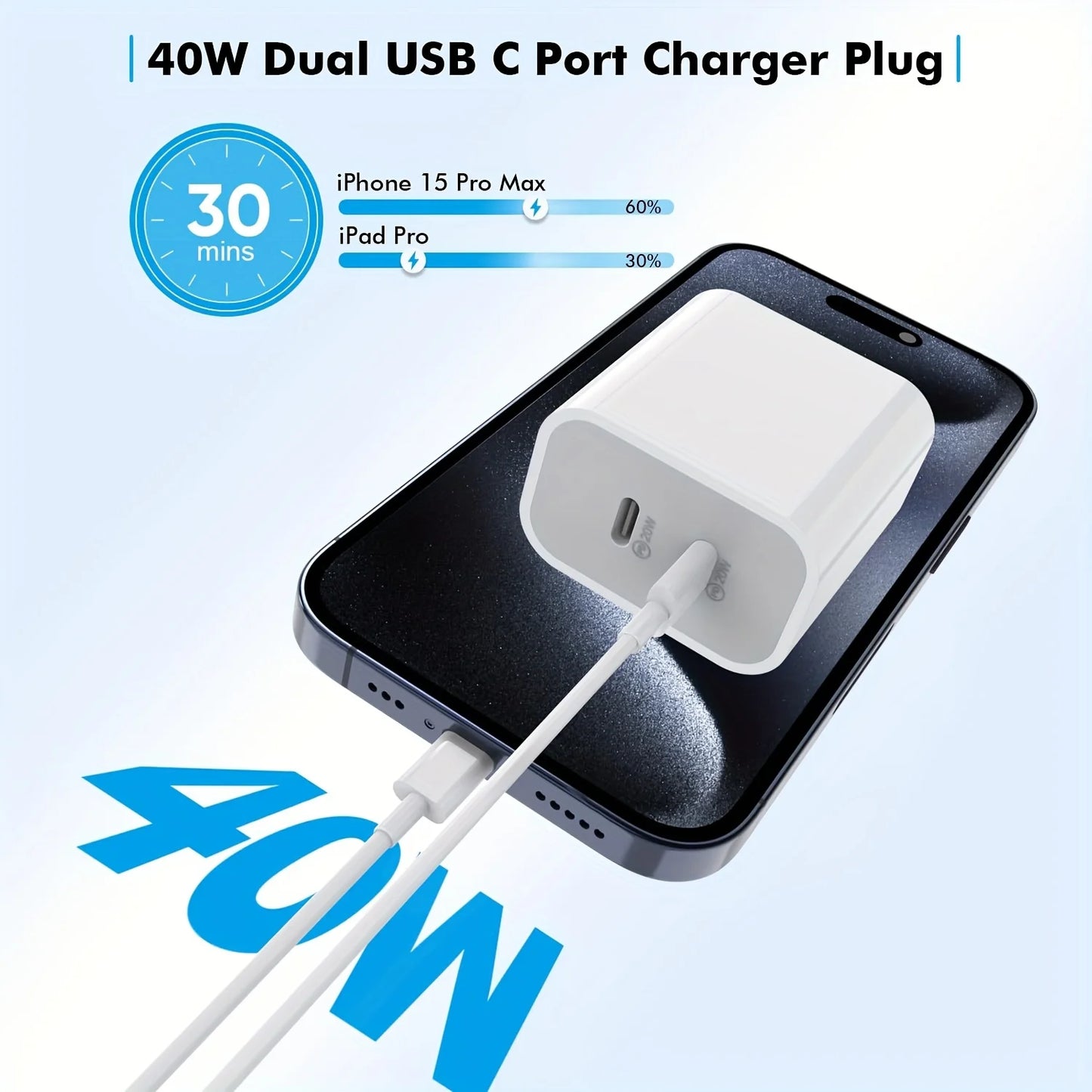 2-Pack 40W PD Dual-Port Charger – iPhone 15 & iPad Pro, 10FT USB-C Cable