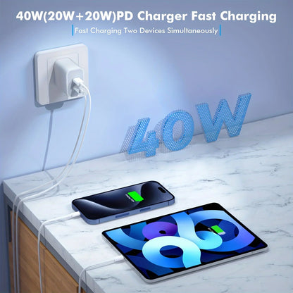 2-Pack 40W PD Dual-Port Charger – iPhone 15 & iPad Pro, 10FT USB-C Cable