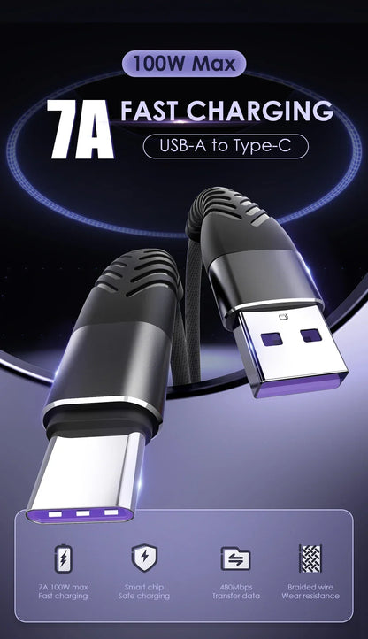 100W 7A USB-C Fast Charging Cable – iPhone, Xiaomi, Huawei, Samsung