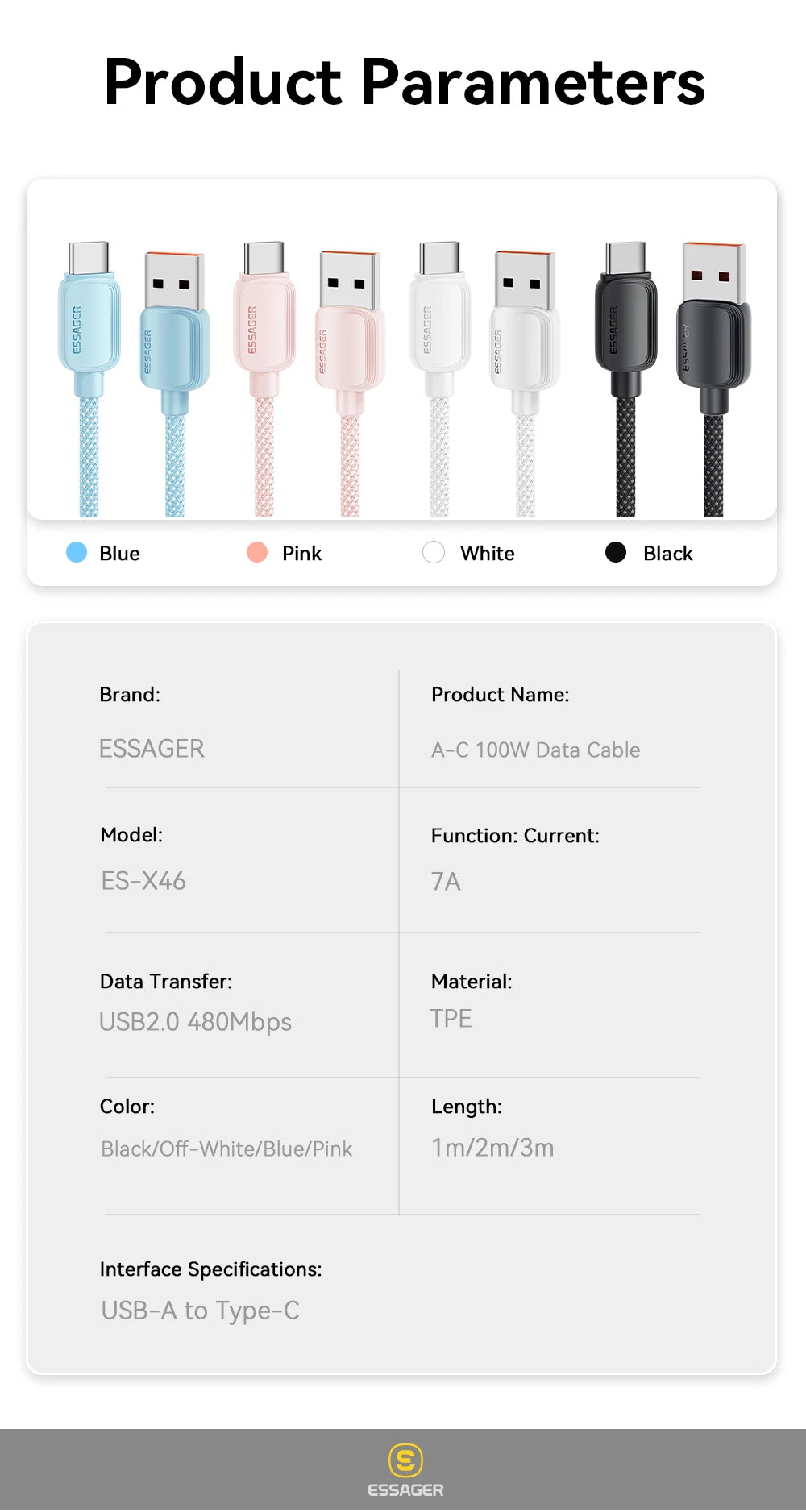 Essager 100W USB-C Cable – Huawei Honor, Xiaomi, OnePlus, Samsung