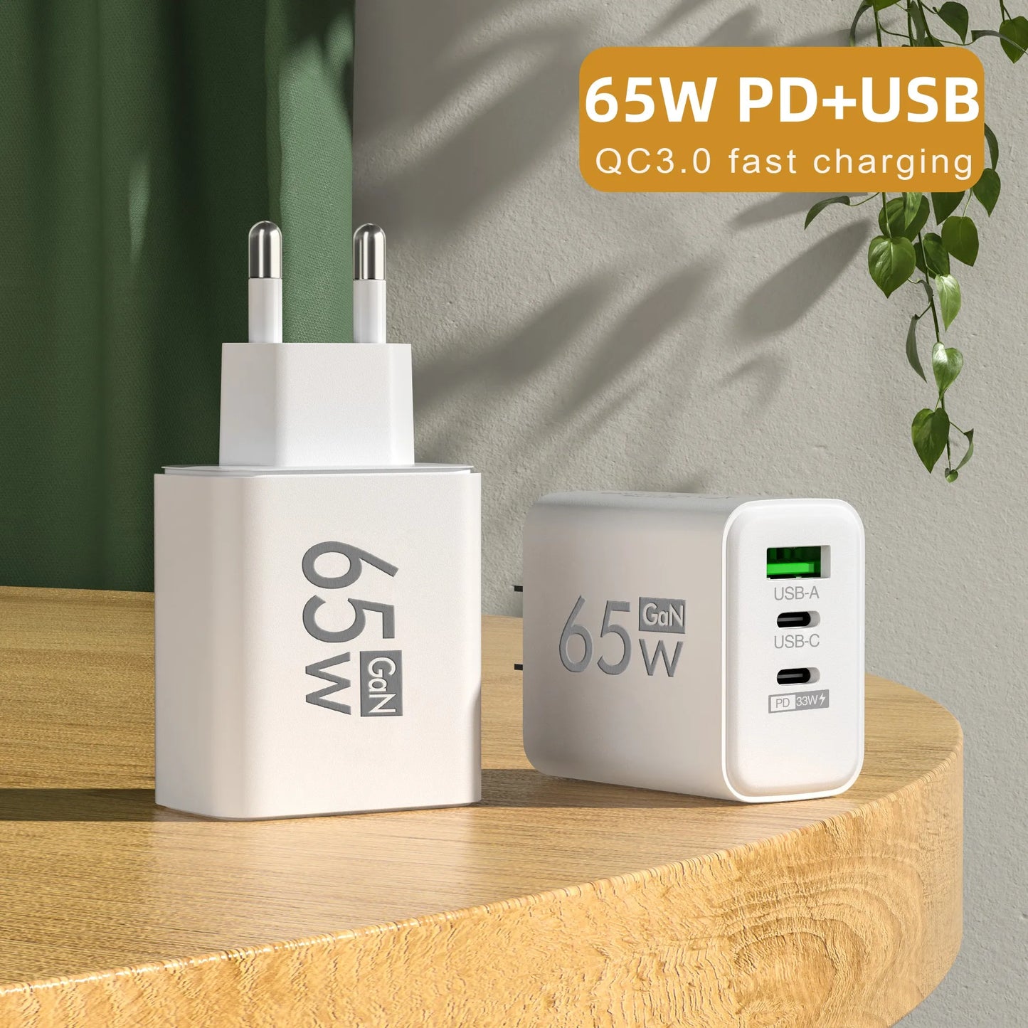 65W PD USB-C GaN Charger – iPhone 15/14, Samsung, Xiaomi, 3-Port Fast Charger