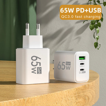 65W PD USB-C GaN Charger – iPhone 15/14, Samsung, Xiaomi, 3-Port Fast Charger