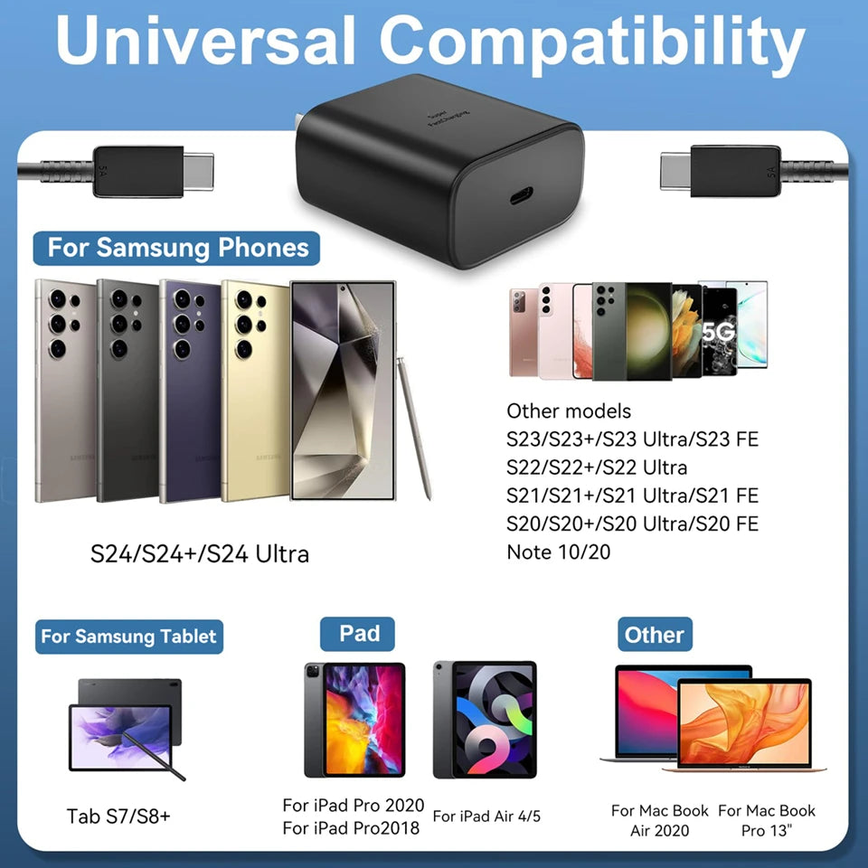 45W USB-C Fast Charger & Data Cable | Samsung Galaxy S25/S24/S23/S22 Ultra, Note 20