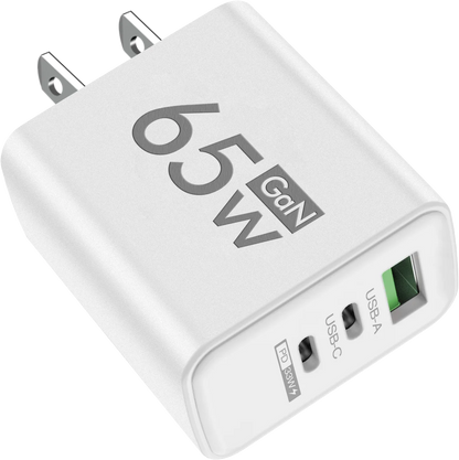 65W PD USB-C GaN Charger – iPhone 15/14, Samsung, Xiaomi, 3-Port Fast Charger