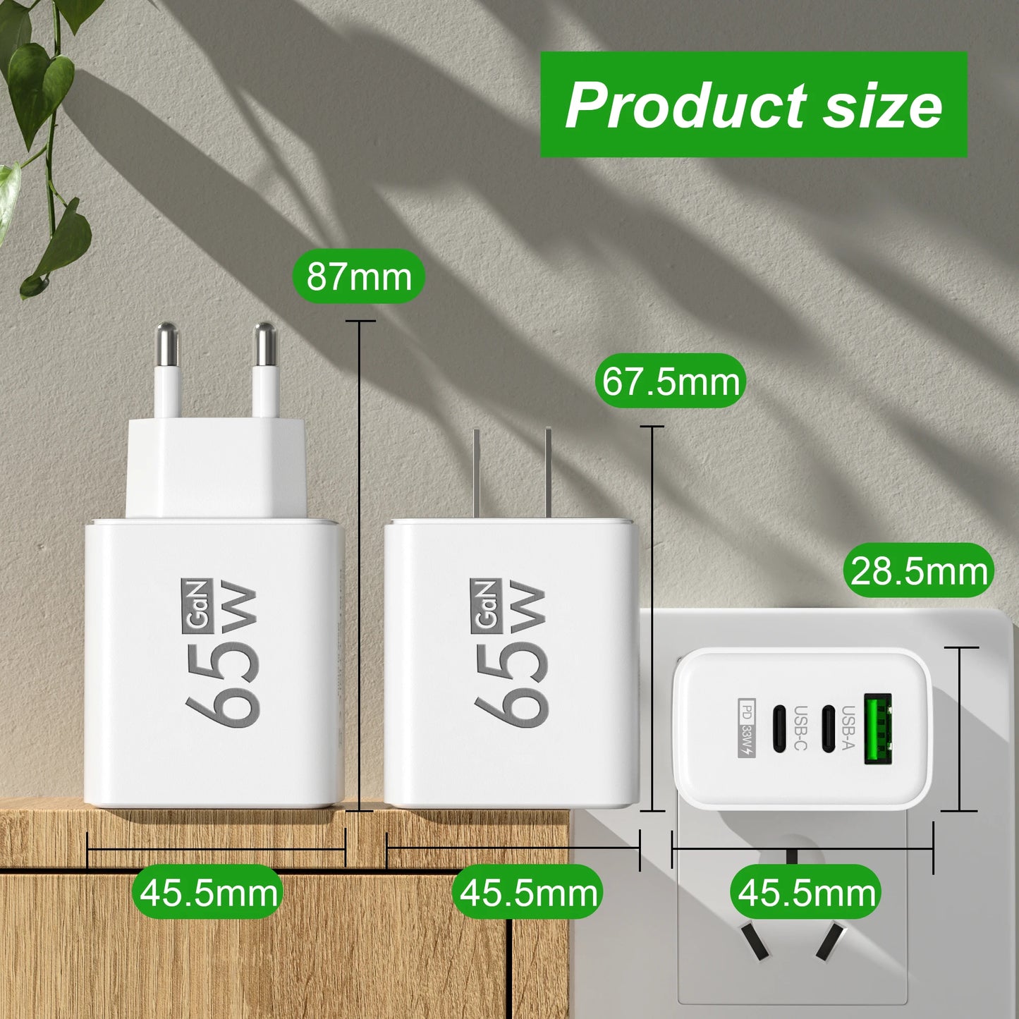 65W PD USB-C GaN Charger – iPhone 15/14, Samsung, Xiaomi, 3-Port Fast Charger