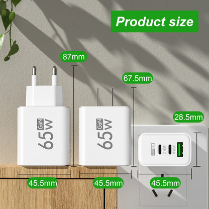 65W PD USB-C GaN Charger – iPhone 15/14, Samsung, Xiaomi, 3-Port Fast Charger