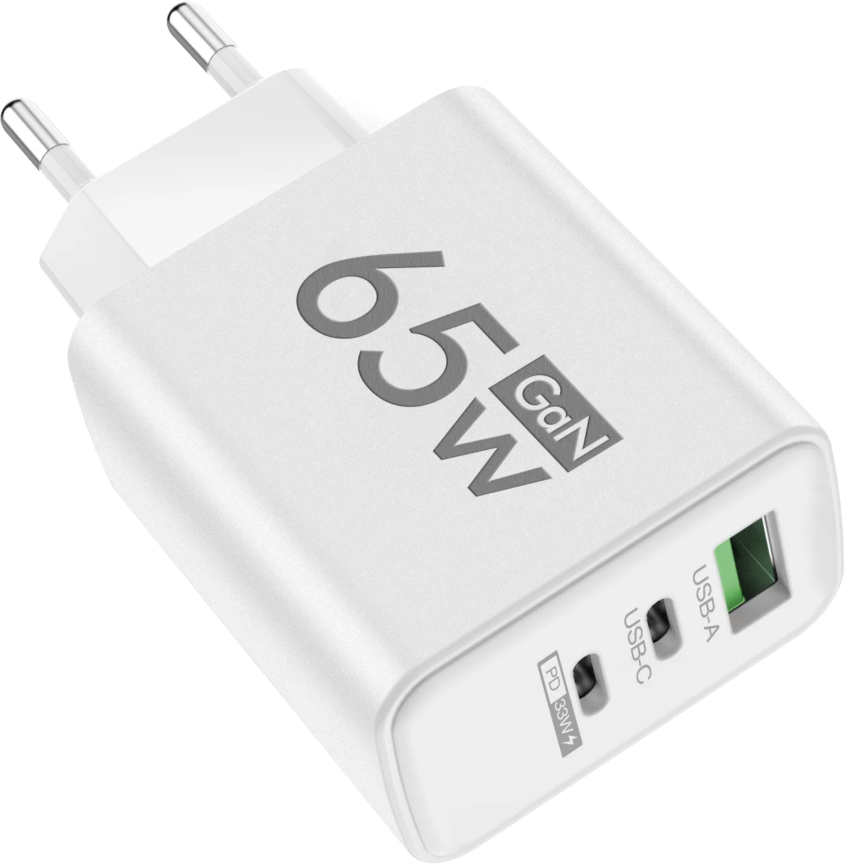 65W PD USB-C GaN Charger – iPhone 15/14, Samsung, Xiaomi, 3-Port Fast Charger