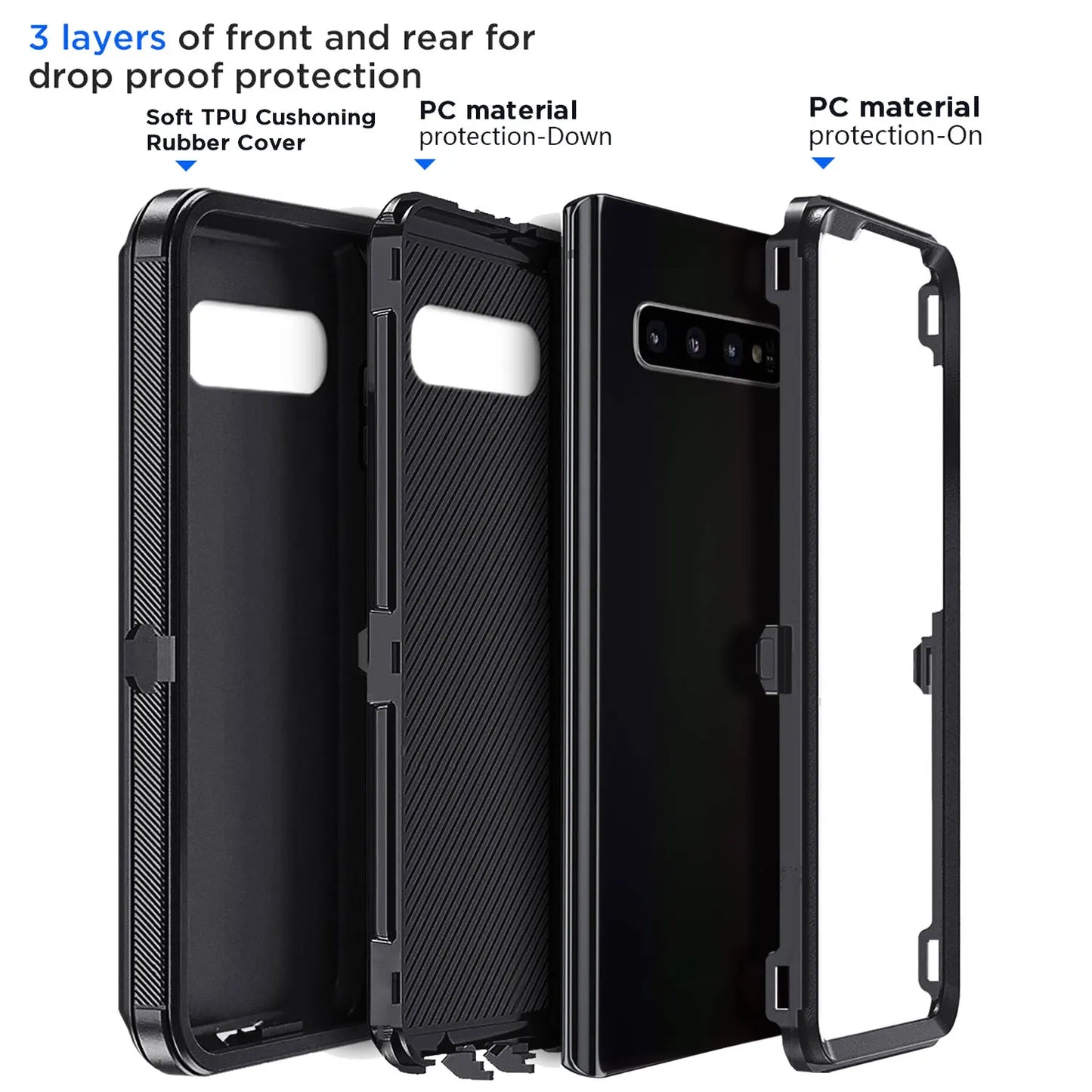 Black Heavy Duty Shockproof Case for Samsung Galaxy S10/S10+/S10e – Rugged 3-in-1 Hybrid Protective Cover