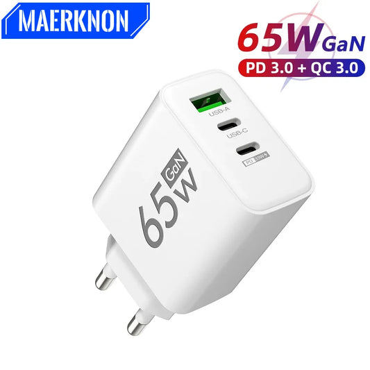 65W PD USB-C GaN Charger – iPhone 15/14, Samsung, Xiaomi, 3-Port Fast Charger