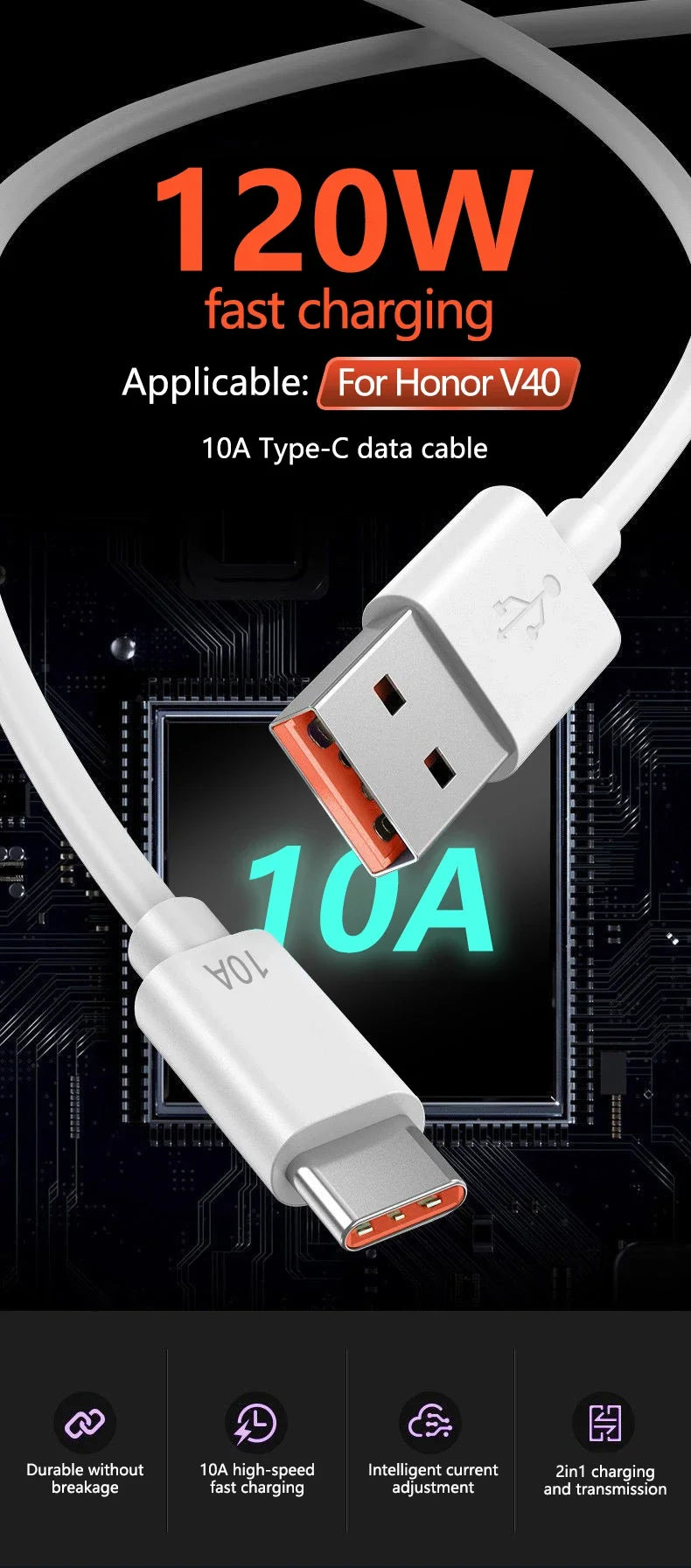120W USB to USB-C Fast Charging Cable – Huawei, Honor, Xiaomi, Redmi