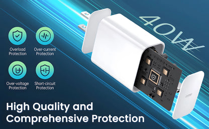 40W USB-C Fast Charger – iPhone 14/13/12/11, iPad, Type-C Cable