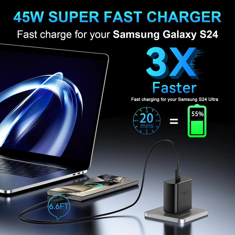 45W USB-C Fast Charger & Data Cable | Samsung Galaxy S25/S24/S23/S22 Ultra, Note 20