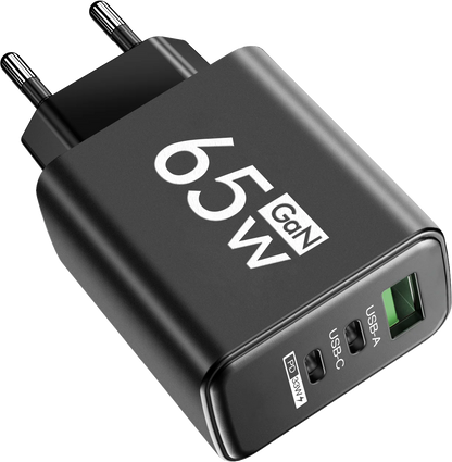 65W PD USB-C GaN Charger – iPhone 15/14, Samsung, Xiaomi, 3-Port Fast Charger