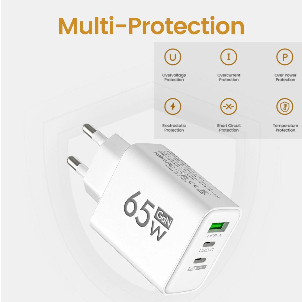 65W PD USB-C GaN Charger – iPhone 15/14, Samsung, Xiaomi, 3-Port Fast Charger