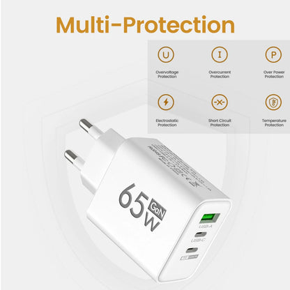 65W PD USB-C GaN Charger – iPhone 15/14, Samsung, Xiaomi, 3-Port Fast Charger