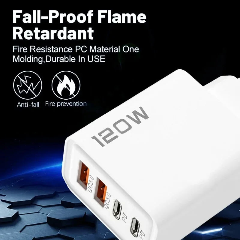 120W 4-Port USB-C Fast Charger – iPhone, Samsung, Xiaomi, Huawei