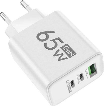 65W PD USB-C GaN Charger – iPhone 15/14, Samsung, Xiaomi, 3-Port Fast Charger