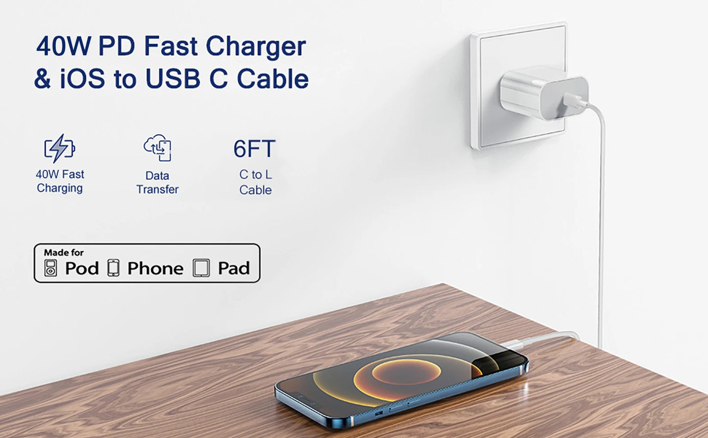 40W USB-C Fast Charger – iPhone 14/13/12/11, iPad, Type-C Cable