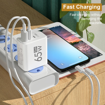 65W PD USB-C GaN Charger – iPhone 15/14, Samsung, Xiaomi, 3-Port Fast Charger