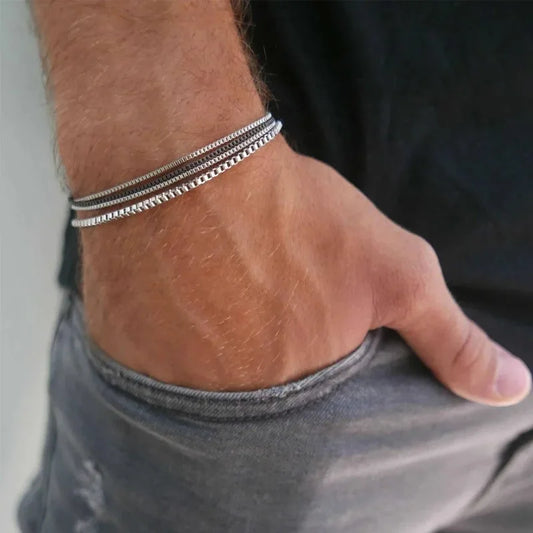 Stainless Steel Adjustable Box Chain Bracelet - Simple Vintage Cuban Bracelet Set for Men, Party Jewelry Gift