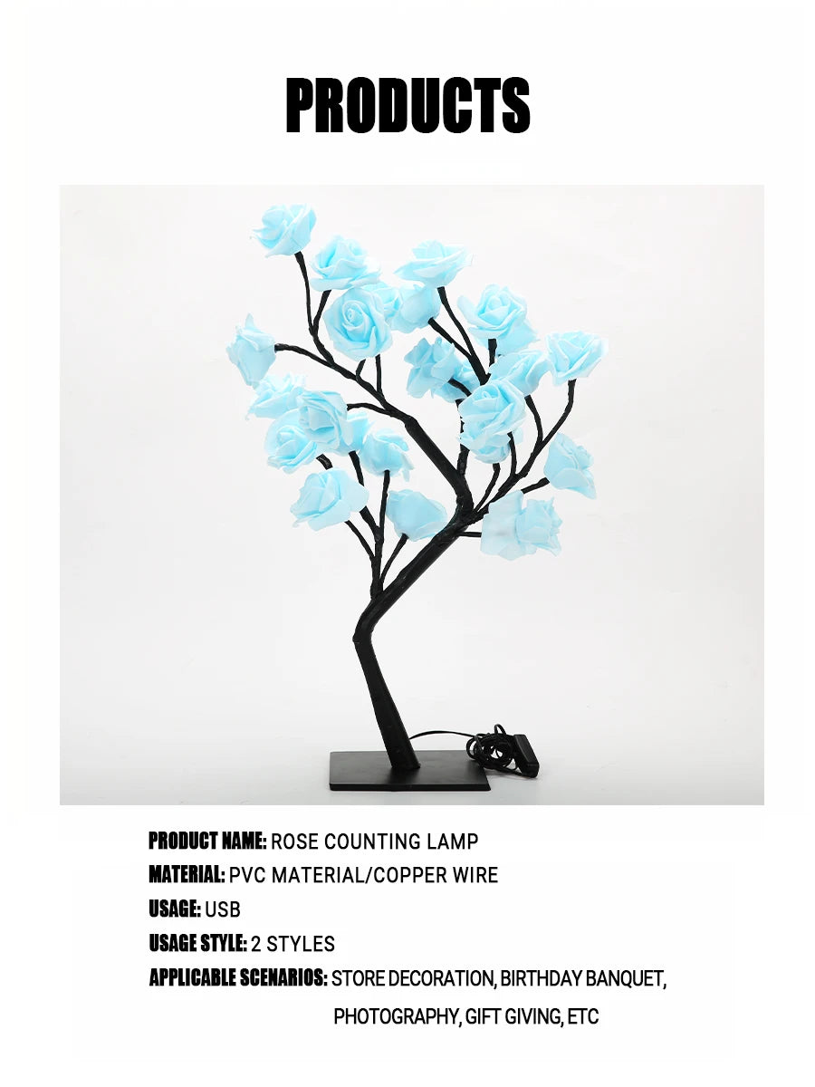 24 LED Rose Tree Night Light – USB Table Lamp for Home, Bedroom, Wedding & Holiday Decor