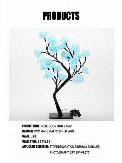 24 LED Rose Tree Night Light – USB Table Lamp for Home, Bedroom, Wedding & Holiday Decor